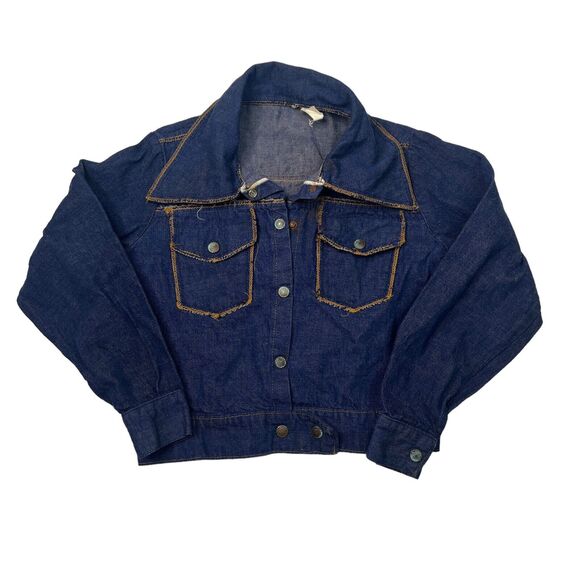 Vintage 70s Big Spread Collar Snap Front Denim Jacket Nature Patch FLAW Youth 7 - Picture 2 of 9